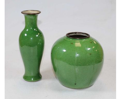 A Chinese green crackle glazed vase of baluster form unmarked, height 22cm, together with a similar stoneware vase of squat c