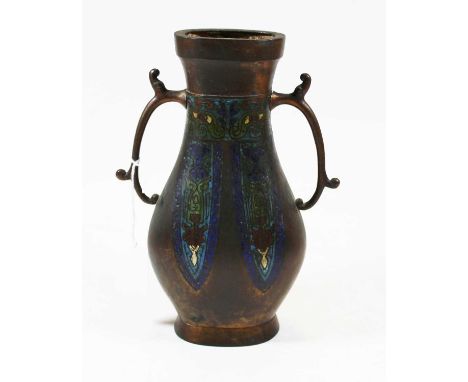 A modern bronzed and cloisonne enamelled twin handled vase of slender baluster form with impressed Chinese script verso, heig