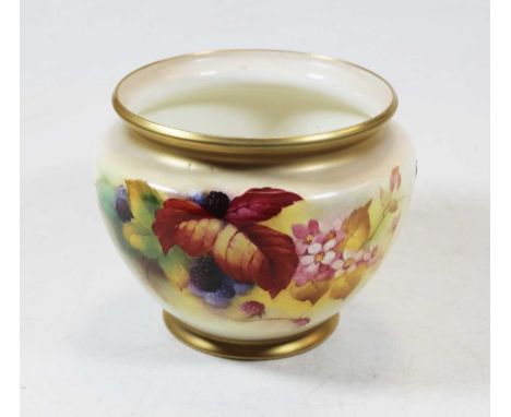 An early 20th century Worcester jardiniere of squat circular form hand painted with flowers and blackberries, signed M Blake,