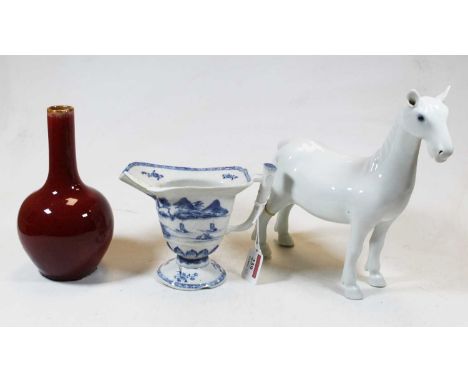 A Chinese stoneware flambe glazed bottle vase, height 19cm, together with a Chinese blue &amp; white decorated jug, and a whi