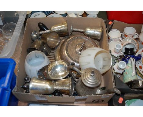 A box of miscellaneous items to include sliver plated goblets, entree dish, light shades etc