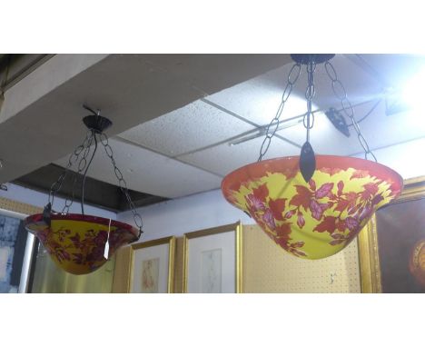 A large pair of Galle style glass ceiling light shades, D.40cm 