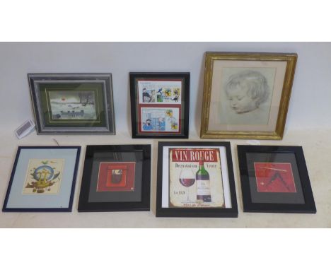 A collection of 7 various prints to include Rubens, Mary Fedden and framed French Tin Tin first day covers