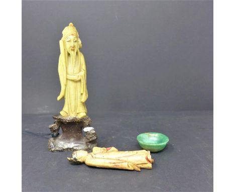 Three 19th century Chinese items to include a miniature jade bowl, 1.5 x 3.5cm, a carved soapstone figure on carved base, 16 
