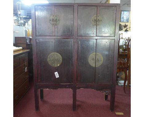 A 19th century Chinese black lacquered wedding cabinet, with wax seal stamp to verso, H.168 W.130 D.44cm 