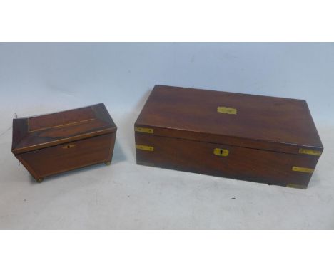 A 19th century mahogany and brass bound writing slope, 15 x 50 x 25cm, and a 19th century mahogany and boxwood caddy on brass