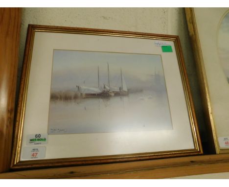 SMALL FRAMED PRINT OF WHERRIES ON A MISTY MORNING