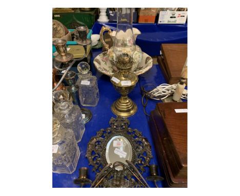 MIRRORED MOULDED WALL SCONCE TOGETHER WITH BRASS OIL LAMP