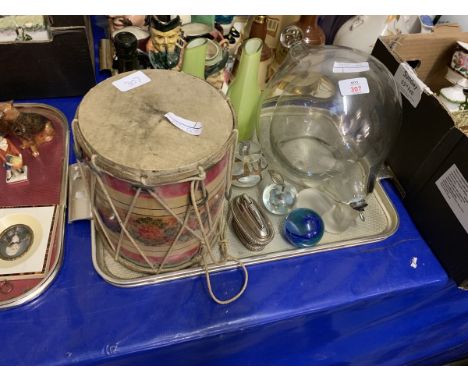 TRAY VARIOUS DECORATIVE ITEMS INCLUDING TABLE LIGHTER, DRUM, VASES ETC