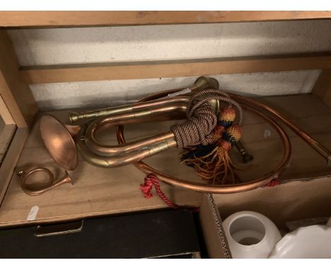 BUGLE, TOGETHER WITH THREE VARIOUS HORNS