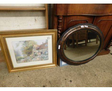 OVAL OVERMANTEL MIRROR IN ORNATE FRAME, TOGETHER WITH A GILT FRAMED PRINT, THE MIRROR 73CM LONG