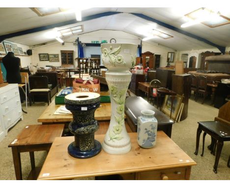 LARGE FLORAL DECORATED PEDESTAL PLANTER TOGETHER WITH A FURTHER PEDESTAL PLANTER AND A BLUE AND WHITE DECORATED VASE