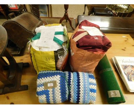 QUANTITY OF VARIOUS GOOD QUALITY CURTAINS, TOGETHER WITH VINTAGE CROCHET BLANKET ETC