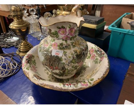 ATTRACTIVE HUNTING INTEREST FLORAL DECORATED WASHBOWL AND WATER JUG, JUG 30CM HIGH