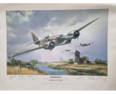 WW2 Colour Print Titled A Blenheim Will Fly Again by Frank Wootton. Multi Signed in pencil by The Right Honourable Viscount R