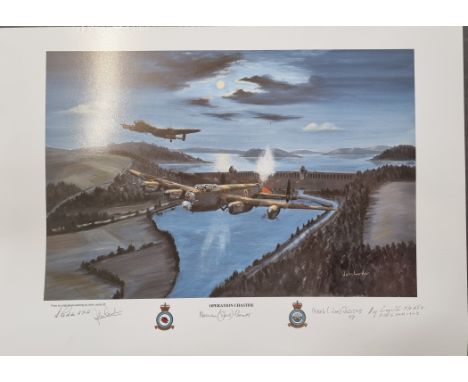 WW2 Colour Print Titled Operation Chastise by John Larder Signed in pencil by Norman Spud Boorer, Beck Parsons, Ray Langston,