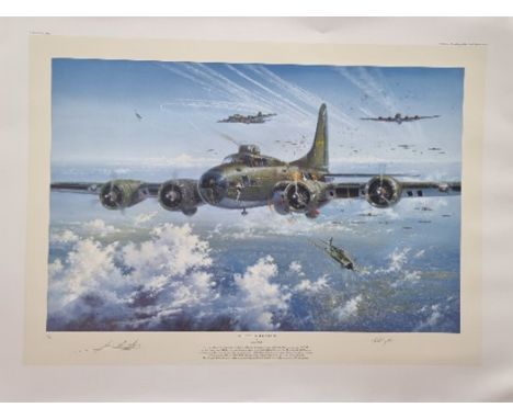 WW2 Colour Print Titled The Belle Under Attack by Simon Atack. Signed by Simon Atack Artist and Colonel Robert Morgan Colonel