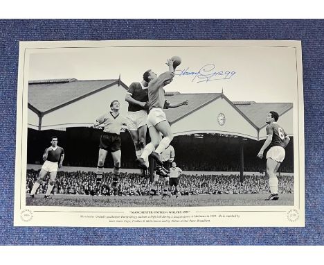 Harry Gregg signed 16x12 Manchester United v Wolves 1958 black and white print. Manchester United's goalkeeper Harry Gregg co