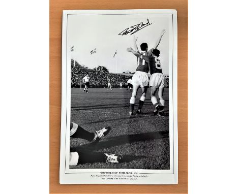 Football, Peter McParland signed 12x18 black and white photograph pictured as he celebrates none of two goals for Northern Ir