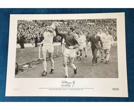 Pat Jennings signed 22x16 black and white 1967 FA Cup Final print Goalkeeper Pat Jennings proudly holds aloft the FA Cup Trop