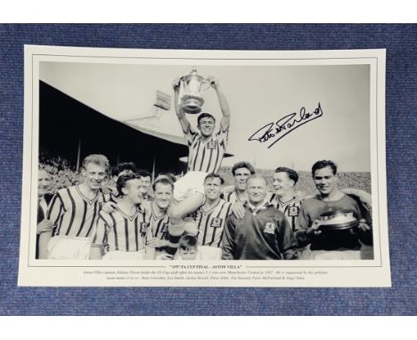 Peter McParland signed 16x12 1957 F. A Cup Final Aston Villa black and white print. Aston Villa captain Johnny Dixon holds th