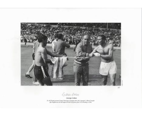 George Cohen signed 16x12 black and white Artist Proof print. Sir Alf Ramsey prevents George Cohen from exchanging shirts wit