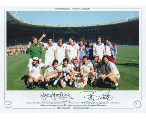 Football. Billy Bonds and Trevor Brooking Signed 16x12 colour photo. Autographed editions, Limited edition. Photo shows the W