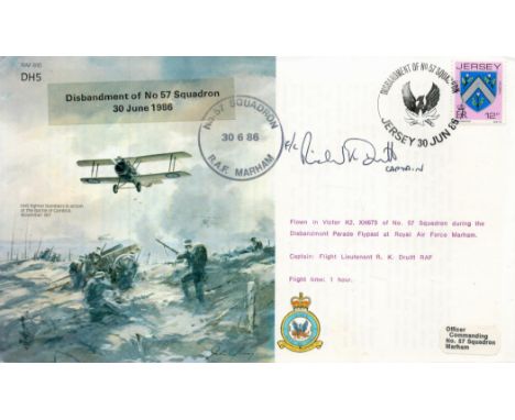 RAF. Flt Lt Richard K. Druitt Signed Disbandment of No57 Squadron 30 June 1986 FDC. Jersey Stamp with 30 June 86 Postmark.   