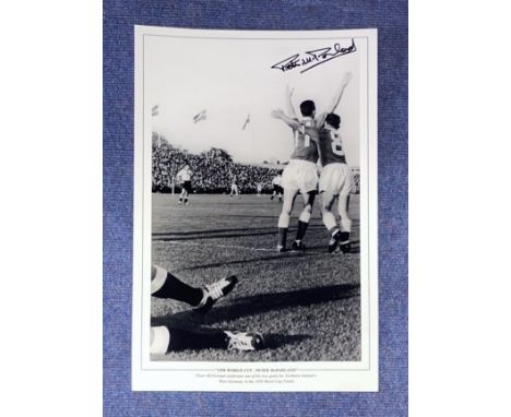 Peter McParland signed 16x12 1958 World Cup black and white print. Peter McParland celebrates one of his two goals for Northe
