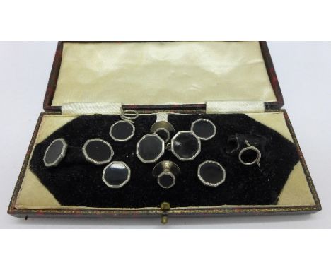 An onyx Art Deco, button, stud and cufflink set, cased
