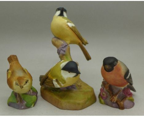 Three Royal Worcester bird figures, wren, bullfinch and coal tits, (3)