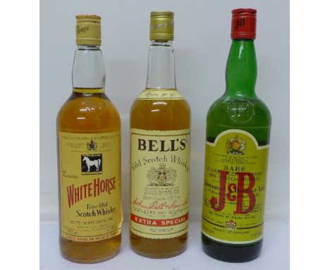 Three bottles of whisky comprising Bell's Extra Special Old Scotch Whisky, White Horse and Justerini & Brooks