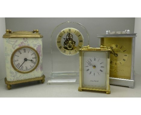 Four clocks including a modern arch top glass table clock, (4)