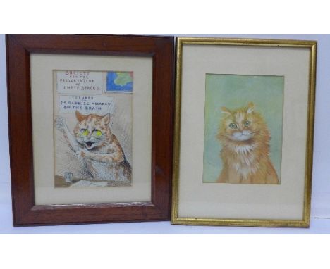 Two Louis Wain prints, one hand coloured