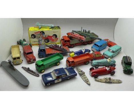 Fifteen Dinky Toys including  225 Lotus F1 racing car, boxed, Nestle's Austin Van, Ovaltine Bedford Van and Bristol 173, two 