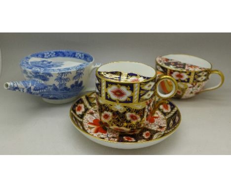 A 19th Century Copeland Spode tower pattern spout cup/feeder, restored, a Royal Crown Derby moustache cup and saucer and a sp