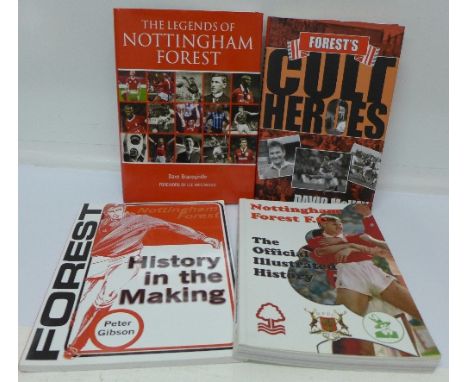 Four Nottingham Forest books, each signed, Kenny Burns x2, Peter Gibson and Ian Bowyer, (4)