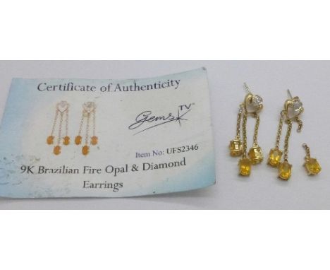 A pair of 9k gold Brazilian fire opal and diamond earrings, with certificate, 4.5g, one a/f