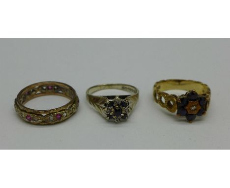 Three 9ct gold rings, 9.7g, K, M and N