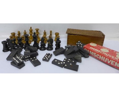 A set of draughts, dominoes and a complete set of chess men, height of king 8cm