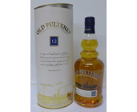 A bottle of Old Pulteney 12 Years single malt Scotch whisky, boxed