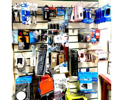 A quantity of boxed / original packaging bike parts and accessories, including Cyclepro bike locks, Shimano Casette Sprockets