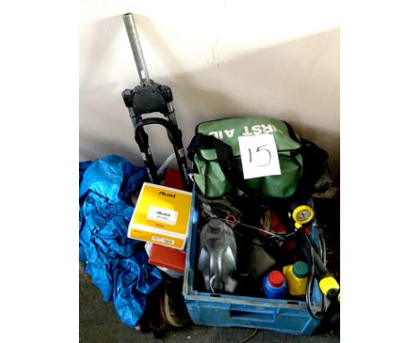A quantity of bike tools, bottles of oils, tyre pump, first aid kit, a set of MBT front 'Rock Shox', and a boxed Avid BB7_MTN