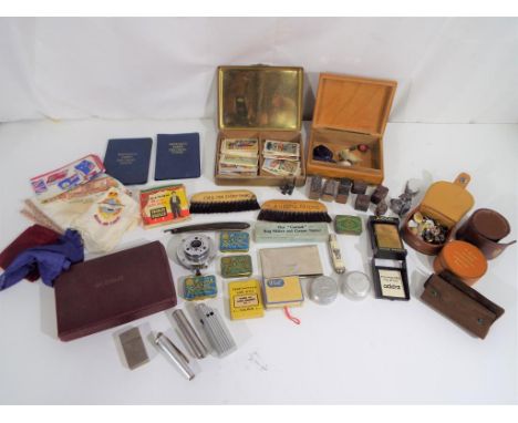 A mixed lot of vintage collectibles to include handkerchiefs, cigarette lighter, collar studs, tins of Songster needles, prin