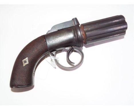 Antique Pepper Pot or Pepper-box percussion six shot pistol, circa mid 1800s with light hand engraved floral design and wood 