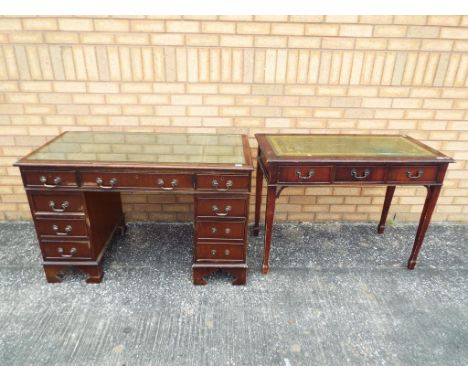 A partners desk with green leather top approx 78cm x 120cm x 62cm and as similar console table [2]
