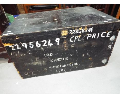 A military trunk marked 22956249 Cpl Price of CAD (Central Ammunition Depot) Kineton Warwickshire UK, approximately 42 cm x 7