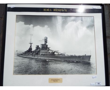 A photograph HMS Renown, mounted and framed under glass with HMS Hood hat band, image size approximately 35.5 cm x 48 cm, thi