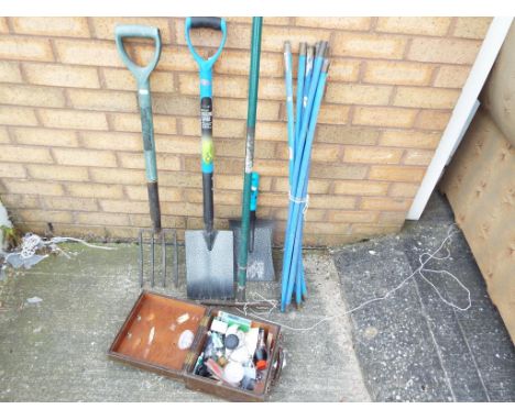 A collection of gardening tools also including a wooden box containing a quantity of miscellaneous tools and similar.