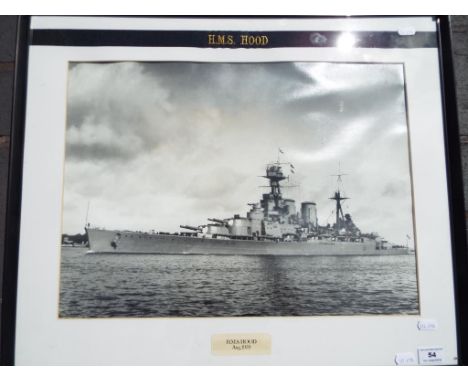 A photograph HMS Hood, mounted and framed under glass with HMS Hood hat band, image size approximately 35.5 cm x 48 cm, this 
